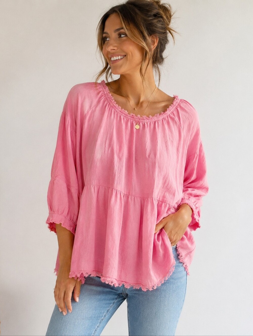 Umgee USA Pink Linen Blend Boho Babydoll Top Women's Medium NWT